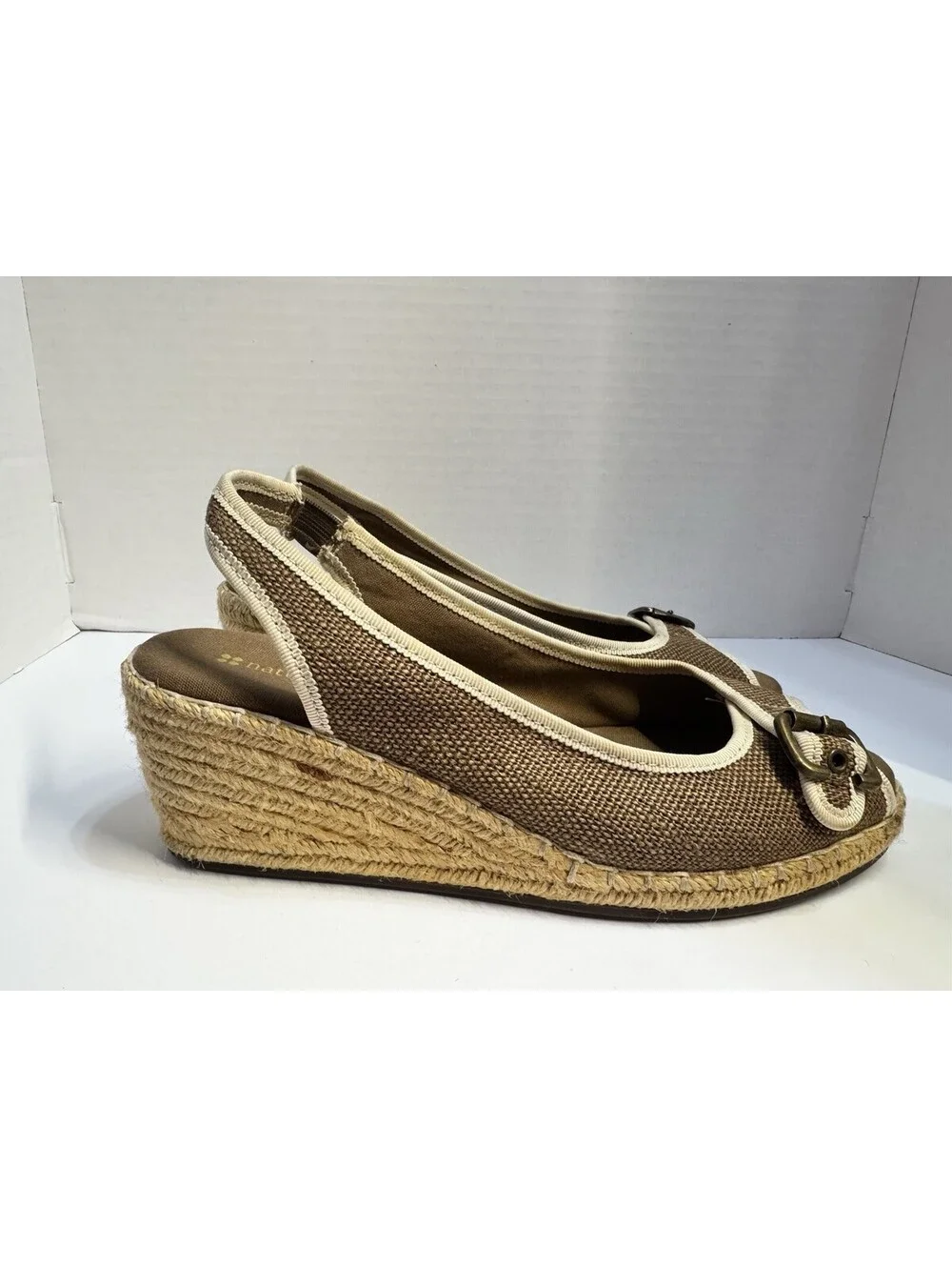 Naturalizer Women's Brown/Beige Comfy Straw Wedge Espadrille Sandals Size 8M